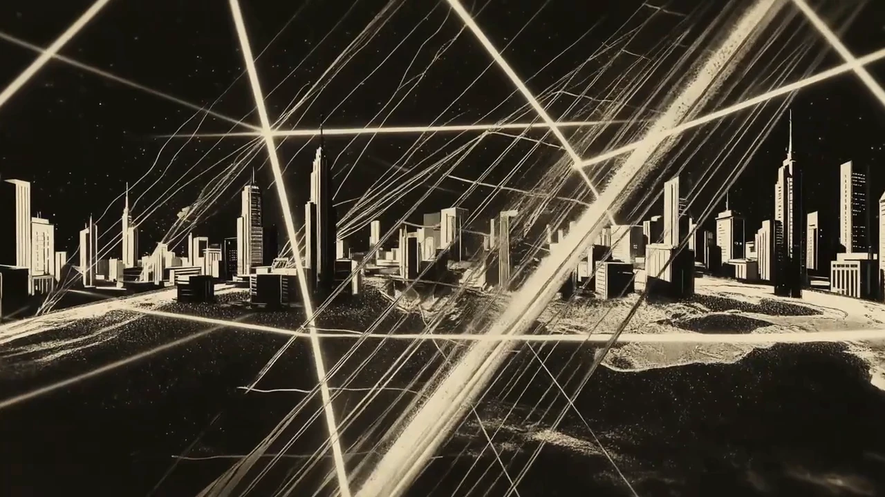 A conceptual monochrome cityscape developed for a cinematic world